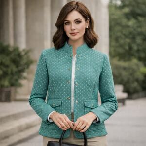 Isaac Mizrahi Live Quilted Womens Jacket Medium Cottage Preppy Teal Granny Dots